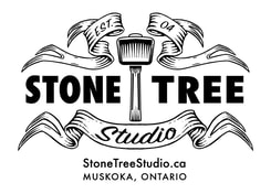 Stone Tree Studio Logo featuring the title of the business between ribbons and a mallet