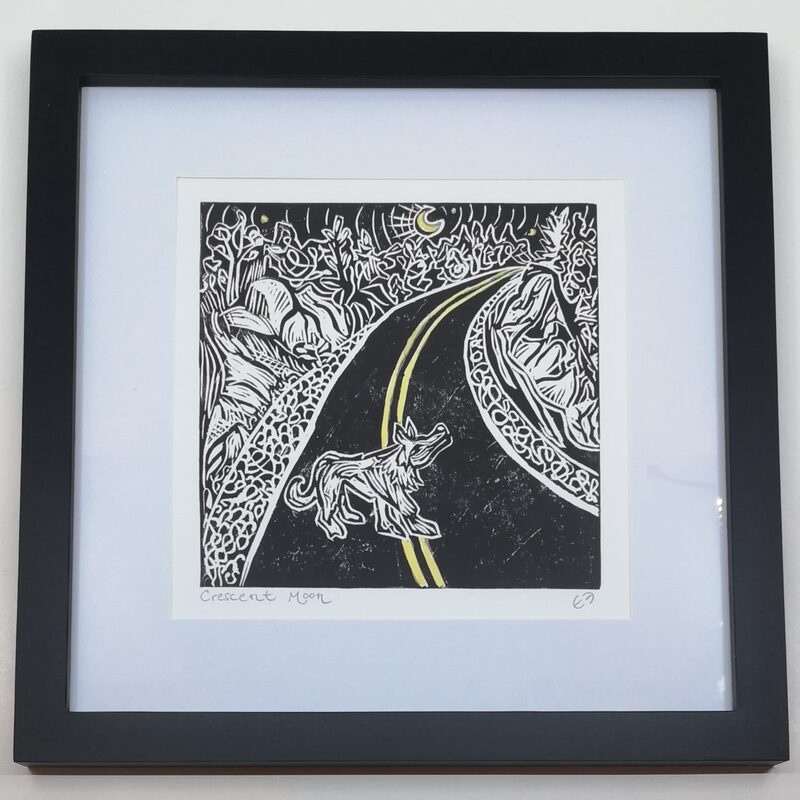 A square framed linocut print of a wolf howling in the middle of a long road with two yellow lines.